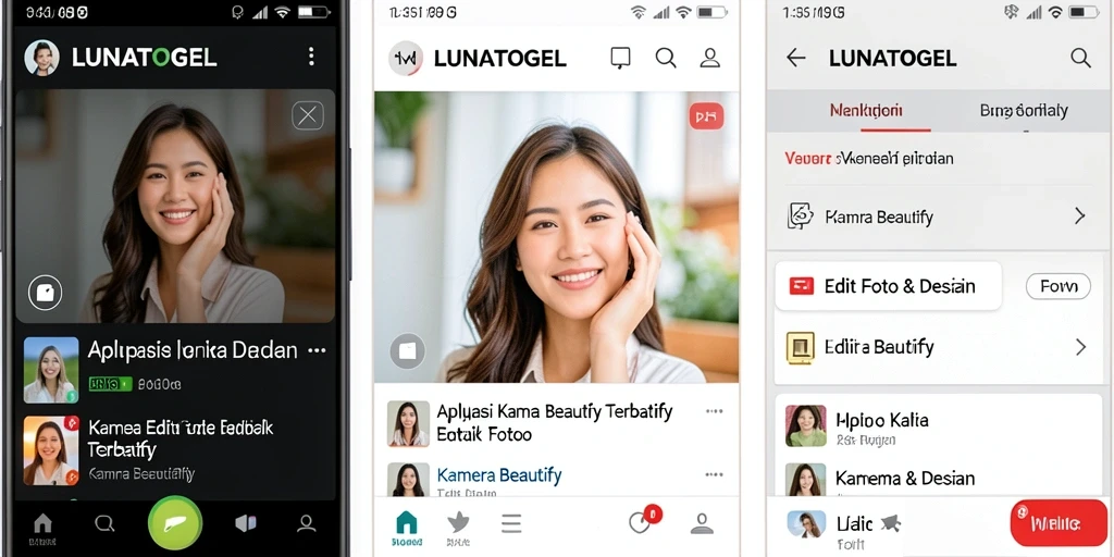 Antarmuka LUNATOGEL yang intuitif dan fitur Kamera Beautify.